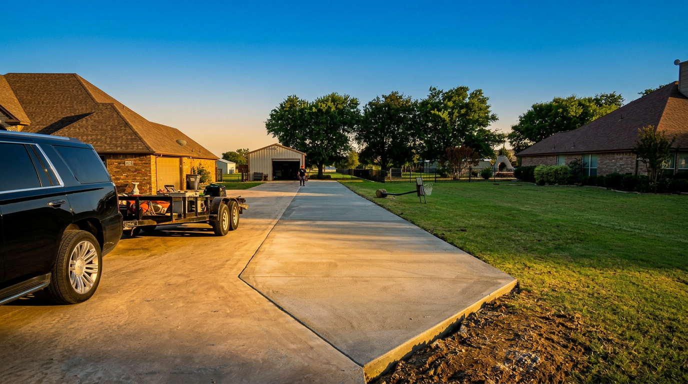 Freshly poured concrete slab in an Fort Worth Texas backyard at sunset